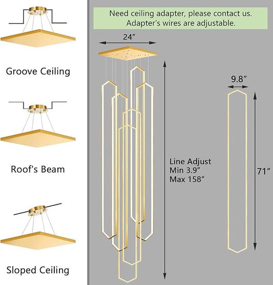 6 Rings Large Chandelier for Staircase Modern High Ceiling Chandelier LED Dimmable Chandeliers for Foyer Staircase Foyer Enterway Living Room Villa Gold