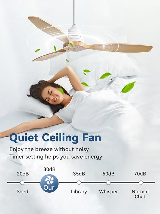Sofucor 52 Inch Ceiling Fan no Lights, Quiet 6-Speed 3 Blades Modern Wood Ceiling Fan with Remote, for Indoor Bedroom Living Room Outdoor Patio Porch