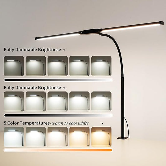 Dual-Head LED Desk Lamp for Office Home, Adjustable Flexible Eye-Caring Desk Light, 5 Modes 10 Brightness Adjustment, USB Adapter Desk Lamp with Clamp-ST-B