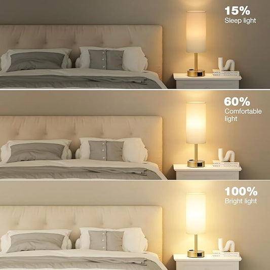Fenmzee Gold Touch Lamp for Bedroom- 3 Way Dimmable Bedside Lamp USB C A Charging Ports and AC Outlet, Small Table Lamp White Linen Lampshade for Gift, LED Bulb Included
