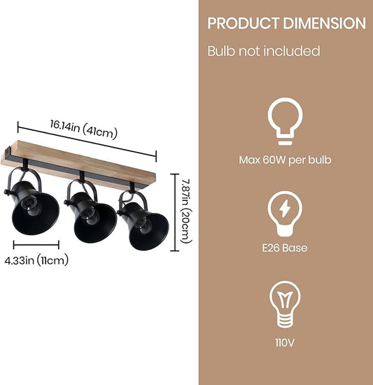 3-Lights Track Lighting Fixtures Ceiling,Farmhouse Wood Flush Mount Ceiling Light, Multi-Directional Kitchen Sink Light, Rustic Track Lighting for Kitchen Living Room, Dining Table, Foyer