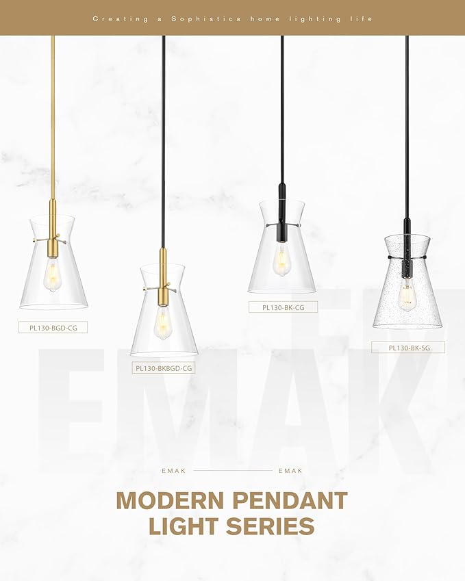 Emak Modern 9 Inch Black and Gold Pendant Lights Kitchen Island, 2 Pack Large Pendant Light with Clear Glass Shade, Farmhouse Island Lights for for Kitchen, Dining Room, Bathroom, PL130-BKBGD-CG-2PK