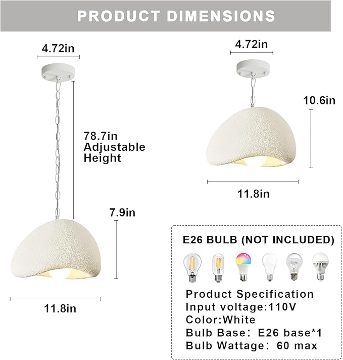 Wabi Sabi Pendant Lights,11.8in White Modern Pendant Light Resin Hanging Lamp Kitchen Island Lighting Modern Japandi Chandelier for Dining Room Bedroom Hallway Restaurant Foyer