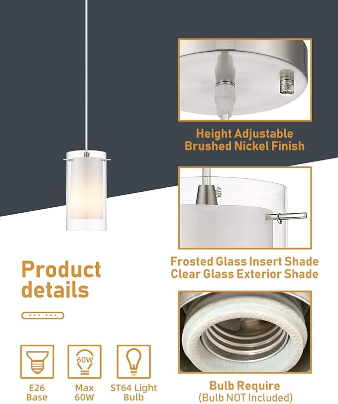 AKEZON 3-Light Pendant Light, Indoor Glass Hanging Light Fixture, Adjustable Height, Brushed Nickel Finish for Kitchen Dining Room