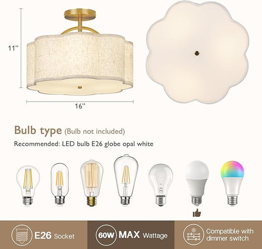 CALOKES Semi Flush Mount Ceiling Light, 16" Modern 3-Light Fixture with Petal-Shaped Beige Linen Shade and Golden Support Arm, Ideal for Bedroom, Kitchen, Living Room, Hallway, and Entryway