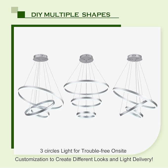Benkut 3-Rings Modern LED Chandelier Silver Dimmable Pendant Lighting with Remote Control Circular Flush Mount High Ceiling Light for Dining Room Living Room Entrance Foyer, 3000K-6500K D23.6in