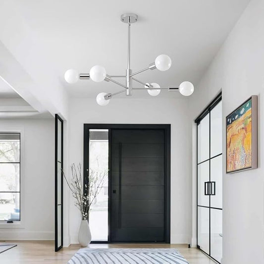 HHR 6-Light Sputnik Ceiling Light Fixture, Chrome Modern Chandelier, Mid Century Dining Room Light Fixture, Height Adjustable Chandeliers for Living Room Kitchen Island
