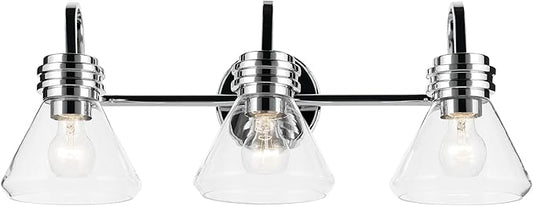 Kichler Farum 26" 3-Light Bathroom Vanity Light Fixture with Clear Glass in Chrome, Modern Wall Mount Over Mirror for Single or Double Vanity (26" W x 9.5" H), 55155CHCLR