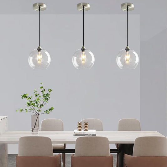 Modern 3-Pack Glass Globe Pendant Lights, Clear Modern Pendant Lighting for Kitchen Island, Clear Glass Hanging Lamps for Dining Room Living Room Bedroom, Large 9.85 Inch Fixture (Bulbs Not Included)