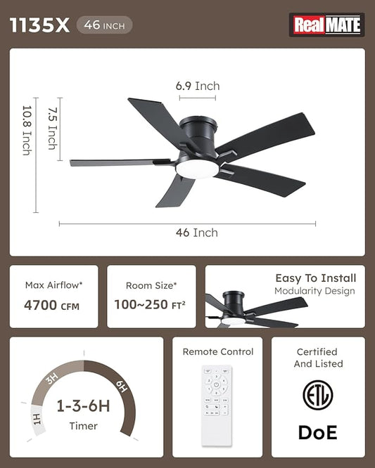 46 Inch Ceiling Fans with Lights and Remote, Black Low Profile Ceiling Fan, Flush Mount Style with 5 Blades, For Indoor Bedroom Living Room/Outdoor, 6 Speed Reversible DC Motor, 3CCT Dimmable LED