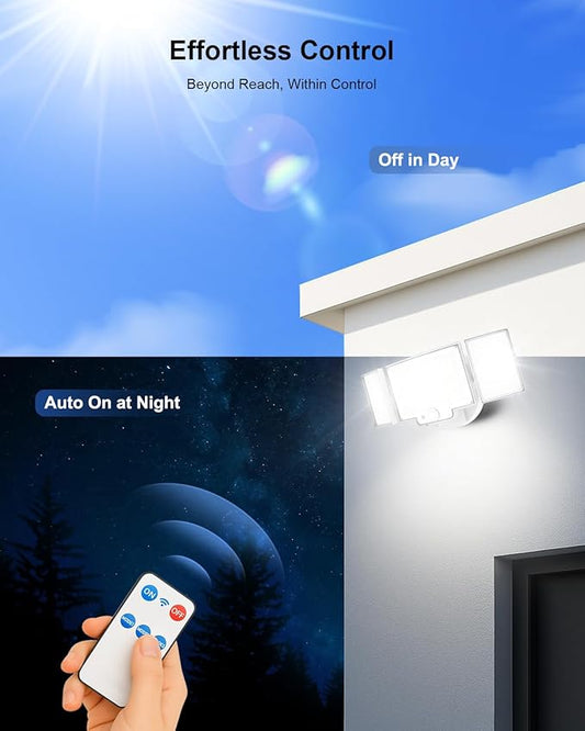 Motion Sensor Outdoor Light, 188 LED 4200LM Flood Lights Outdoor, 6500K Daylight, 3 Modes with Remote Control, IP65 Waterproof, Adjustable Heads, Hardwired 120V for Garage, Yard, Porch, 2 Pack White