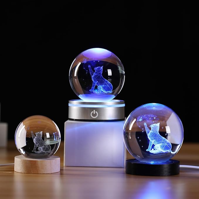 3D Cat Figurine in Crystal Ball Nightlight with Colorful LED Base, Cute Cat Lover Gifts for Woman, Crystal Glass Kitten Collectibles Kitty Handmade Emotional Support