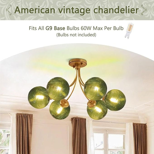 Green Glass Flush Mount Ceiling Lights Fixture 6-Light Gold Mid Century Modern Chandelier Green Hand Blown Glass Chandelier Vintage Pendant Light for Bedroom Living Dining Room