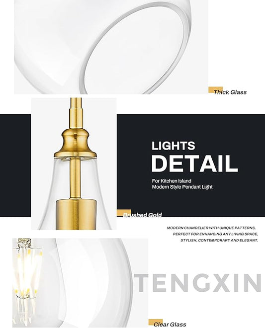 TENGXIN 8 Inch Pendant Lighting for Kitchen Island,Hanging Lights Kitchen Island,Brushed Gold Finished Clear Glass Pendant Light,Farmhouse Pendant Light for Dining Room,Bedroom,TXPLBG12-LCG