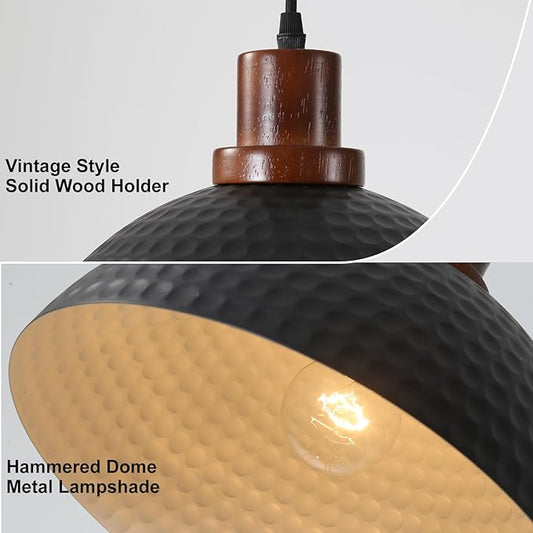 11.8" Wood Pendant Lights Kitchen Island, Hammered Dome Pendant Lighting, Black Pendant Light Fixture Hanging Ceiling Light