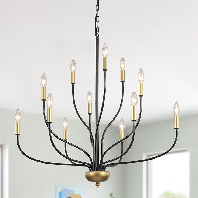 12-Lights Farmhouse Chandelier for Dining Room, 34 Inch Black and Gold Chandeliers for High Ceilings Foyer Modern Large Pendant Light Fixtures for Living Room Entryway Hallway Kitchen Island E12