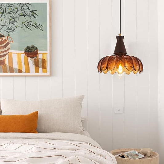YLONG-ZS Pendant Lights Kitchen Island,Vintage Hanging Kitchen Light Fixtures with Amber Flower Glass,Walnut Wood Color Modern Hanging Pendant Ceiling Light for Island Dining Room Bedroom Living Room