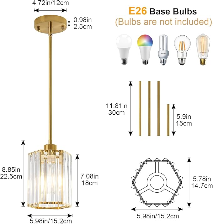 3 Pack Crystal Pendant Lights Kitchen Island, Modern Brushed Gold Kitchen Pendant Lights Over Island, Hexagonal Crystal Hanging Lights for Island, Dining Room, Hallway, Foyer, Entryways