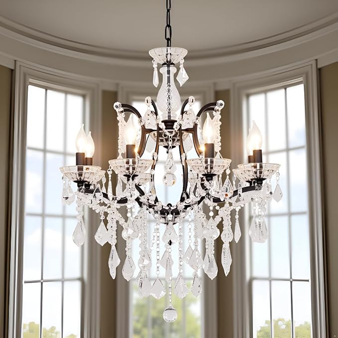 8-Light Crystal Chandelier Black Finish Modern Luxury Antique Flush Mount Chandelier with Crystal Drops Prisms Beads, Elegant Dining Room Living Room Entryway Foyer Ceiling Light Fixture