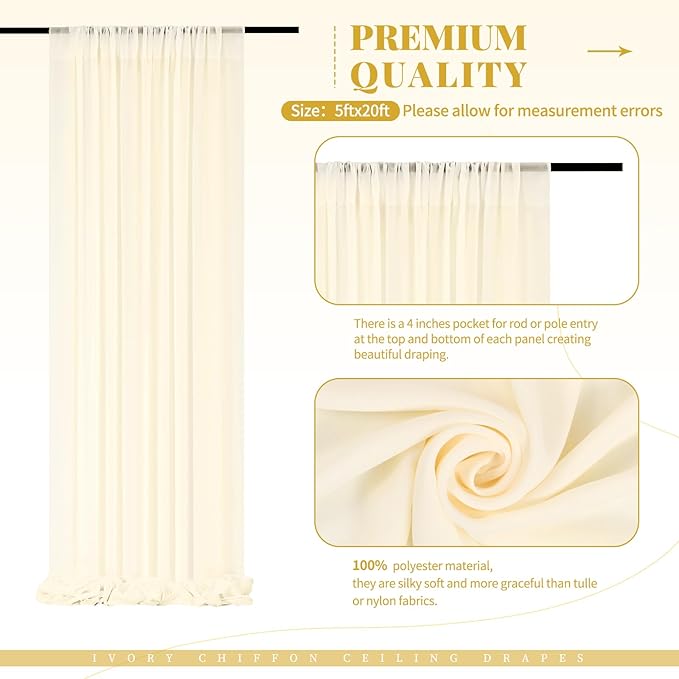 6 Panels Beige Ceiling Drapes for Wedding Ceiling Drapes 5ftx20ft Wedding Arch Draping Fabric Sheer Curtains Voile Chiffon Drapery Draping Decorations for Party Ceremony Stage