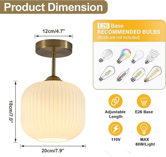 Milk Glass Flush Mount Ceiling Light Small Mid Century Modern Kitchen Lighting Fixtures Vintage Brushed Gold Semi Flush Mount Ceiling Light for Bedroom Hallway (2 Pack)
