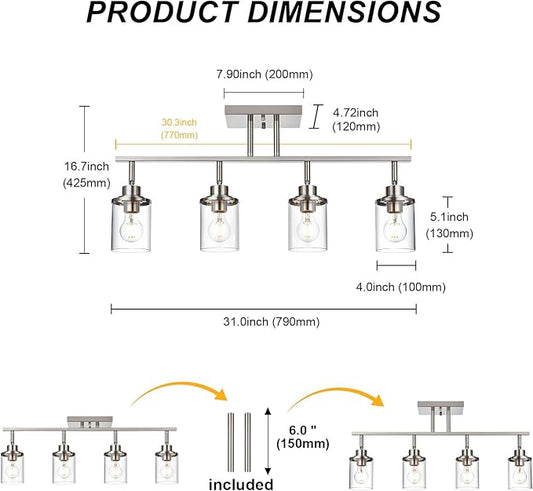 Yaohong 4-Light Track Lighting Kit Brushed Nickel Track Lighting Fixtures, Bathroom Wall Light Ceiling Mount Rotatable Spotlights, Kitchen Ceiling Light Fixtures with Glass Shade for Bathroom Hallway