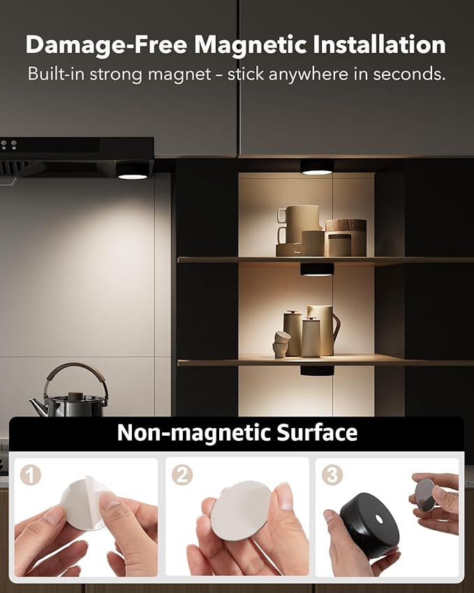 Radar Motion Sensor Puck Lights with Remote, 2400mAh RGB Rechargeable Wireless Under Cabinet Lighting for Kitchen, Magnet Stick on LED Closet Lights, Cordless Push Light for Counter, Stairs