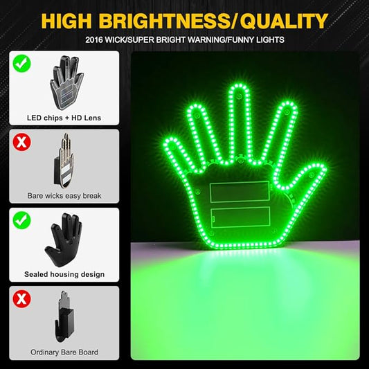 LED Gesture Light Comical Car Finger Light with Remote Ideal Gifted Car Accessories Funny Back Window Sign Car Gadget & Road Rage Sign Give The Love & Wave & Yead to Drivers-Green