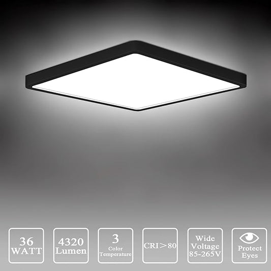 Flush Mount Ceiling Light, 3000K/4500K/6500K switchable Ceiling Light, 12 Inch Flush Mount Light, 36W Square Ceiling Mount Light Fixture for Kitchen, Bedroom, Living Room, Dining Room (Black)