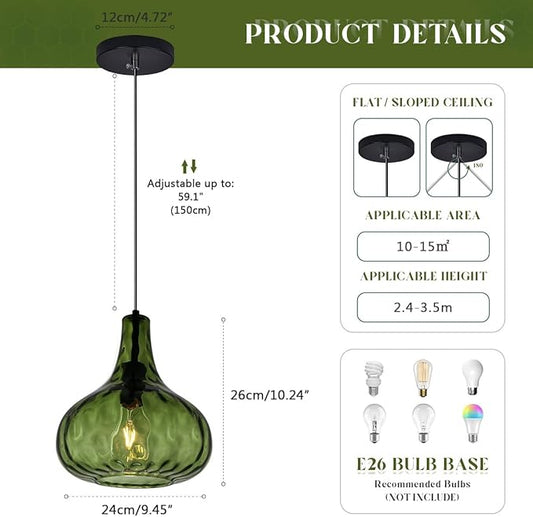 Green Glass Pendant Lighting Farmhouse Vintage Glass Globe Pendant Light Fixture, Mid-Century Modern Pendant Lamp Black Finish 9.45″ Shade for Kitchen Island Dining Room