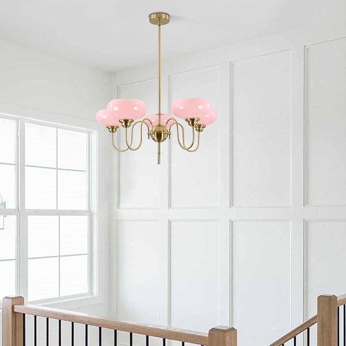 BOKT Pink Sputnik Chandelier Gold 5-Lights Semi Flush Mount Ceiling Light Pink Globe Chandelier Pendant Lighting Vintage Large Pendant Light Farmhouse Industrial Hanging Ceiling Light