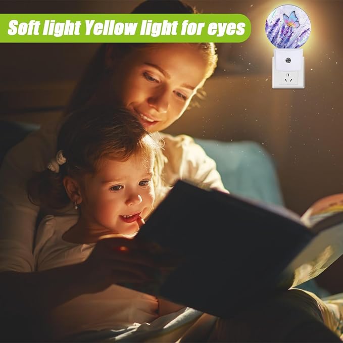 Lavender Flowers Night Light,Watercolor Butterfly Night Lights Plug into Wall for Kitchens Toilets Bedroom Decorative Half Round Nightlight Led Lamp 0.5W Sleep Friendly