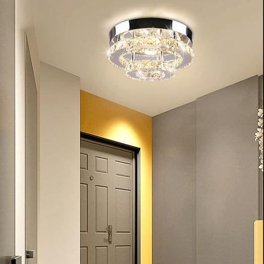 Mini Chandelier LED Crystal Ceiling Light 2 Layers Round Flush Mount Ceiling Light Modern Chandelier Lighting for Hallway Staircase Kitchen Bathroom (Multicolor)