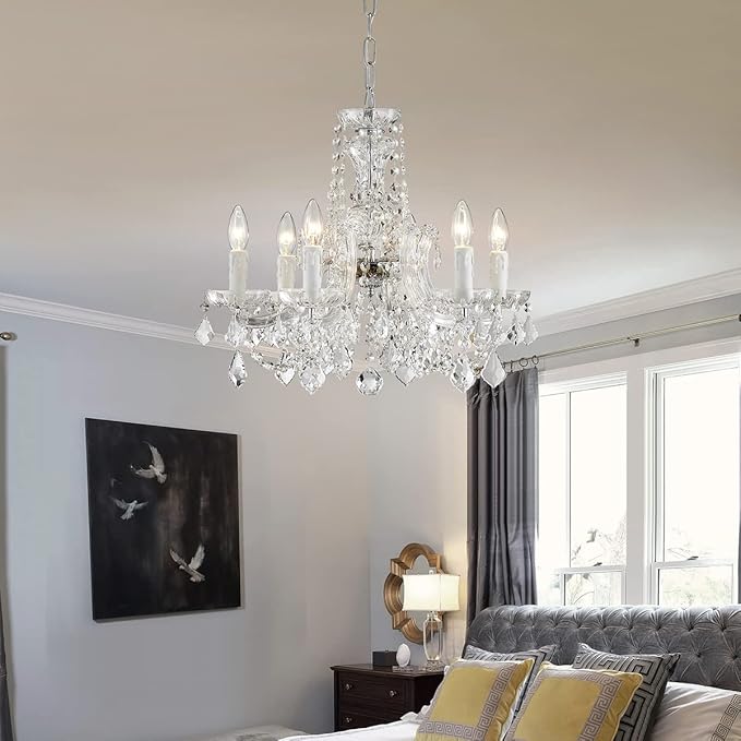 AGV LIGHTING Modern Chandelier Light Fixture, Crystal Pendant Raindrop Chandelier, Maria Theresa Silver Crystals Chandelier with 6-Lights, D20 X H18, Adjustable Chain Max 39"