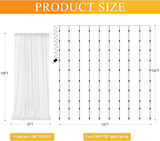 Fomcet Tulle Curtains with Lights String Ivory 20FT X 10FT Sheer Backdrop Curtains for Parties Wedding Baby Shower Photo Shoot Decorations (4 Panels 5x10FT)