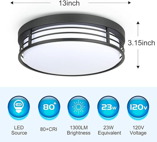 WISBEAM 13 Inch Matte Black Flush Mount Ceiling Light, 23W LED Ceiling Lighting Fixture with 5CCT(2700K/3000K/3500K/4000K/5000K), Dimmable LED Light Fixtures Ceiling Mount for Kitchen Bathroom Hallway