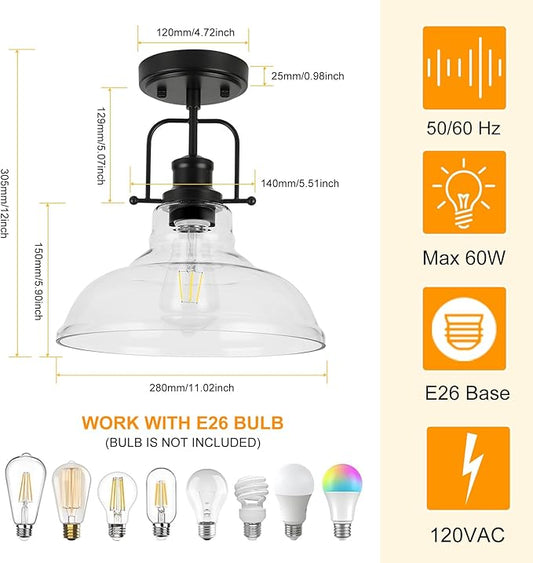 WILON 2 Pack 11'' Semi Flush Mount Ceiling Light Fixture with Clear Glass Shade Black Ceiling Light Modern Farmhouse Lighting Fixture Ceiling Lamp for Kitchen Hallway Dining Room Porch Foyer