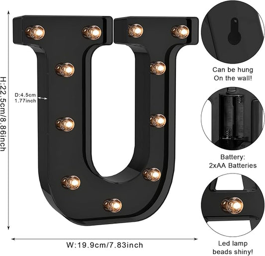 Foaky Black LED Letter Lights for Room Decor - Bedroom Wall Decor, Alphabet Lights for Home, Wedding, Party - Battery Operated (U)