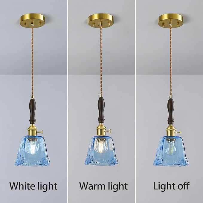 Blue Glass Vintage Pendant Light Height Adjustable Handmade Glass Pendant Lights Kitchen Island Gold Hanging Light Fixture with Wood Handle for Bedroom Dining Room Hotel (2 Pack)