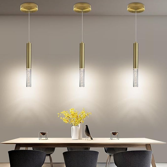 3 Pack Gold Linear LED Pendant Lights, Modern Minimalist Hanging Light Fixtures, Bubble Acrylic, 3 Color 3000K/4500K/6500K, Ceiling Chandeliers Lights for Kitchen Island, Dining Room, Bedroom, Bar