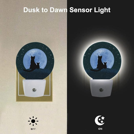 EKOBLA Black Cat Plug-in Night Light, Cat & Mouse on Moon Galaxy LED Nightlight with Dusk to Dawn Sensor for Kids Bedroom & Bathroom