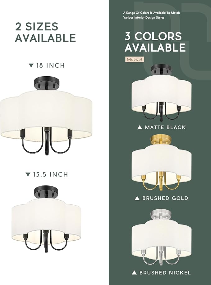4-Light Semi Flush Mount Ceiling Light, 13.5" Vintage Light Fixtures Ceiling Mount with Fabric Shade in Quatrefoil for Kitchen Entryway Hallway Bedroom, Matte Black, SM179-MB