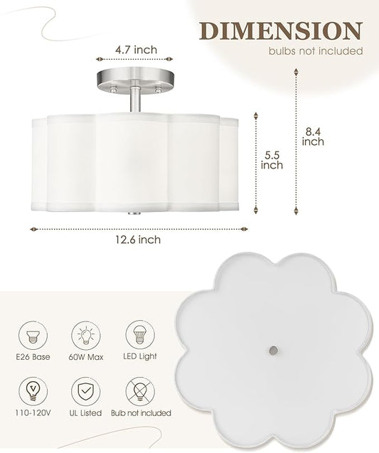 Semi Flush Mount Ceiling Lights, 3-Light 13" Ceiling Light Fixtures with Fabric Shade in Flower Shape, Brushed Nickel Drum Lighting for Nursery Hallway Bedroom Kitchen, AD-22007-3SF-SN