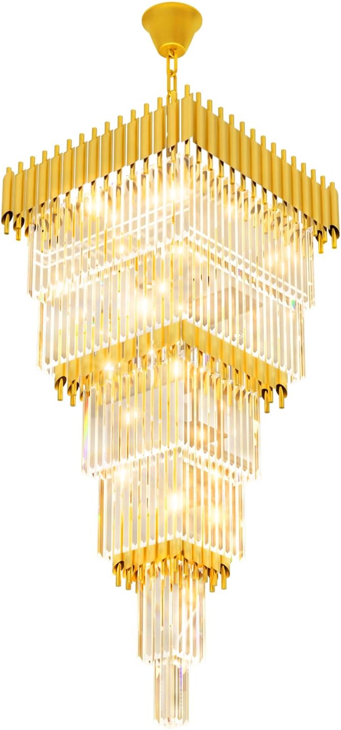 W24 x H80 Large Gold Chandeliers for High Ceiling, 15-Light Square Tiered K9 Crystal Raindrop Chandelier, Adjustable Height Luxury Pendant Light for Staircase, Villa Foyer, Entryway