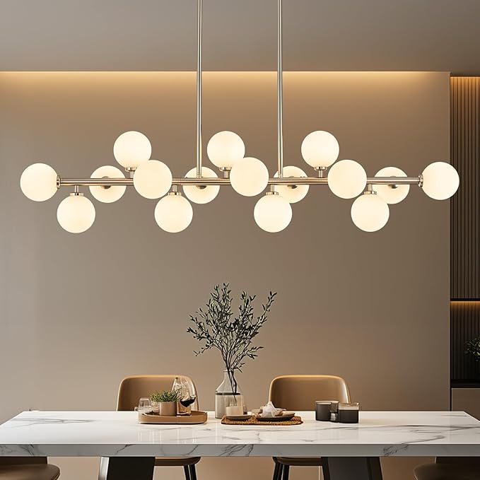 55" Long Chandeliers for Dining Room Kitchen Island, Large Globe Sputnik Linear Chandelier, 16 Lights Mid Century Modern Light Fixture Over Table,Nickel and Milk White Bubble, GC-08