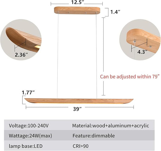 39" 24W Wood LED Linear Pendant Light Fixture,Dimmable Pool Table Island Lights,Modern Linear Hanging Chandeliers,for Dining Room Kitchen Island,Pool Table Lights,Natural Wood Color