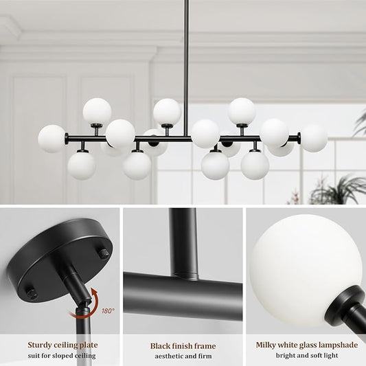 16-Light Mid Century Modern Chandelier: 39.4" Black Linear Sputnik Chandeliers - Milk White Glass Globe Dining Room Light Fixture - Long Modern Pendant Chandelier for Living Room Kitchen Island Table