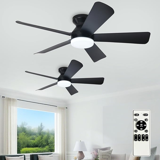 Depuley 42-Inch Ceiling Fans with Lights: Indoor/Outdoor Flush Mount Ceiling Fan with Remote Control - Black 5 Blade Low Profile Fandelier for Kitchen Gazebo - Reversible Quiet Timer - 2 Packs