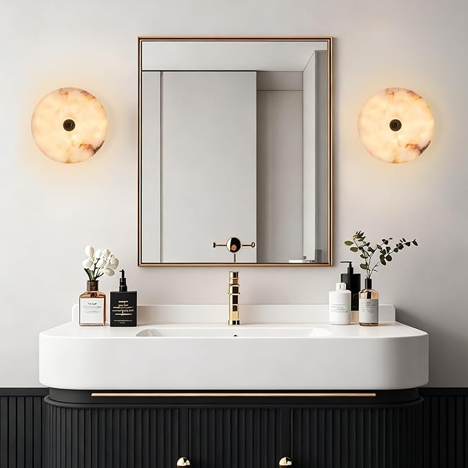 Round Alabaster Wall Sconce Natural Marble Sconces Set of Two, 3 CCT Adjustable Wall Lamp Decor Home, 8W Hardwired Circular Wall Lights for Bedroom, Stairs, Living Room, Bedside, Hallway (Black)