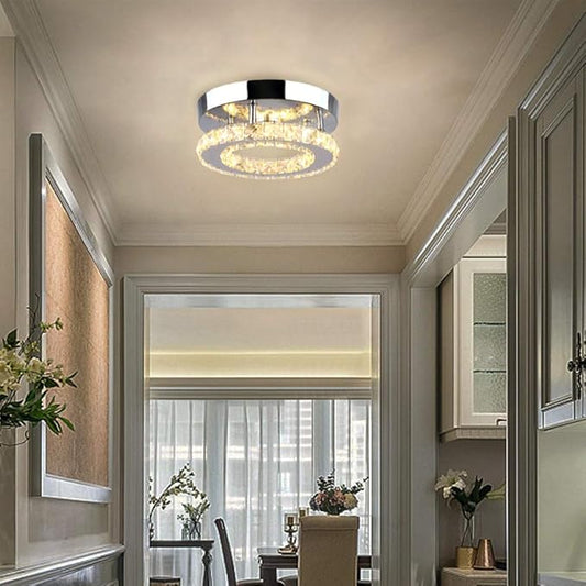 Modern Mini Led Chandelier Semi Flush Mount Crystal Lighting Ceiling Crystal Lamp for Bedrooms Dinning Rooms Hallway(Round Warm White)